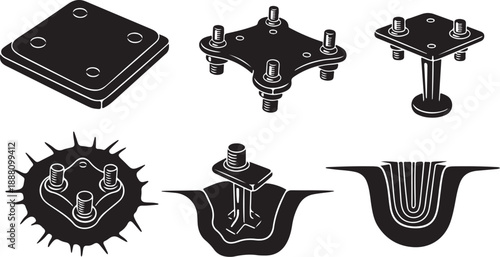 Black and white industrial bolt and screw icons set