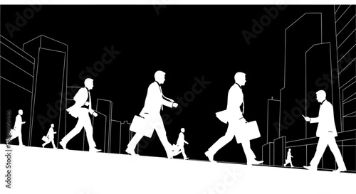businessmen walking city street illustration depicting corporate professionals commuting city symbolizing modern work ambition.