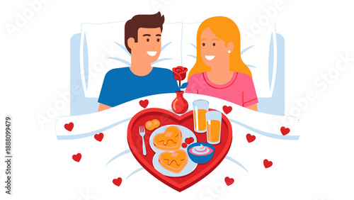 Couple enjoying romantic breakfast in bed.