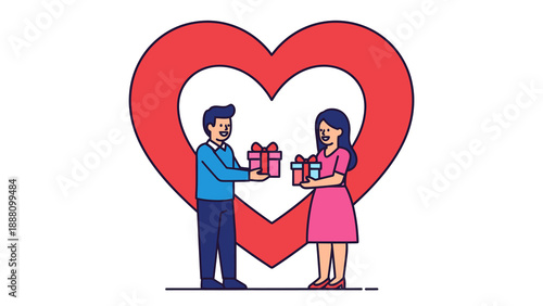 Couple exchanging gifts with heart symbol.