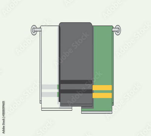 Colorful towels hanging on a rack showcasing white gray and green shades