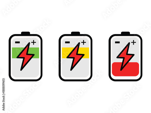Three batteries with different charge levels Vector