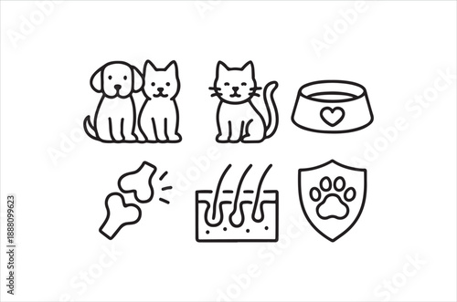 Simple line drawing featuring a dog cats and pet related icons