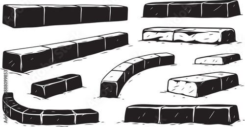 Illustration of various black brick wall sections and curves