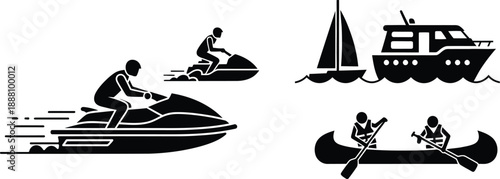Black silhouette collection of watercraft including several jet skis with riders a luxury motor yacht a sailing boat and people rowing a canoe on water.