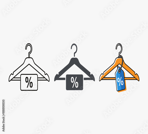 Three clothing hangers displaying percentage signs indicating sales and discounts on apparel
