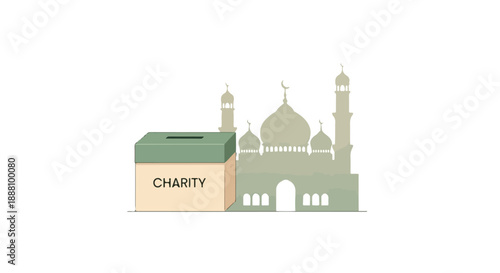 Flat illustration of a charity box next to a mosque with domes and minarets on a white background.