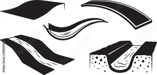 Black and white road sections in various curved shapes