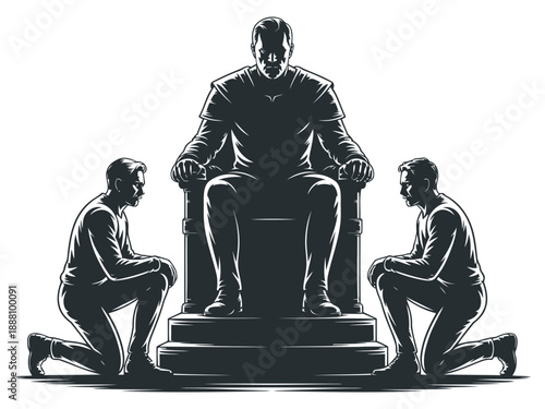 Man on throne with two men kneeling before him black and white silhouette king