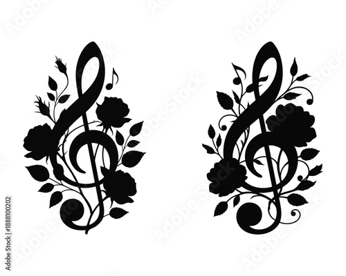 Decorative black silhouette of treble clefs intertwined with roses and leaves isolated on transparent background