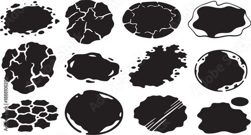 Collection of black ink stains and textures on white