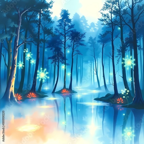 Ethereal Glowing Forest at Dawn with Futuristic Fantasy Atmosphere | Generative AI