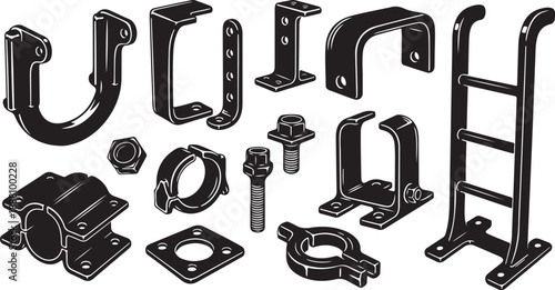 Collection of various metal hardware and construction parts