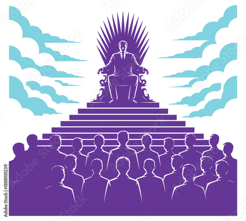 Purple silhouette of a man on a throne facing an audience below de