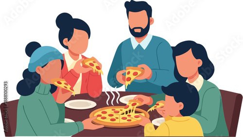 Family eating pizza together at table.