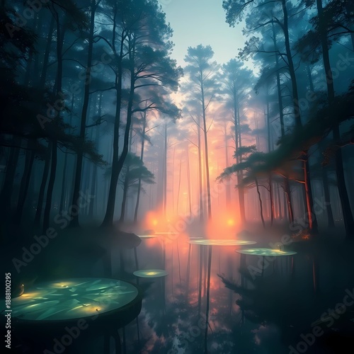 Ethereal Glowing Forest at Dawn with Futuristic Fantasy Atmosphere | Generative AI