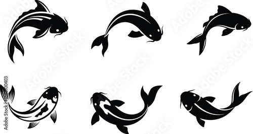 Collection of black koi fish silhouettes in various swimming poses with traditional japanese style artistic patterns and organic flowing curves for graphic design.