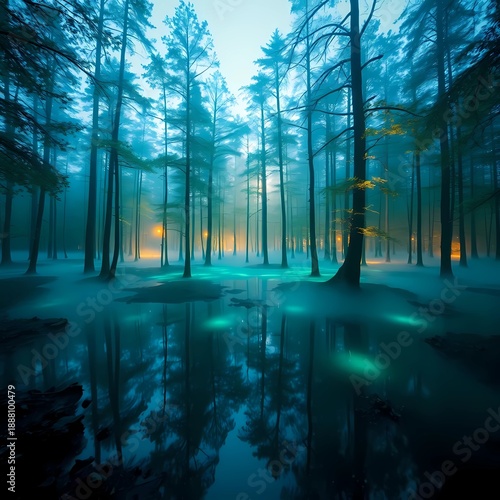 Ethereal Glowing Forest at Dawn with Futuristic Fantasy Atmosphere | Generative AI