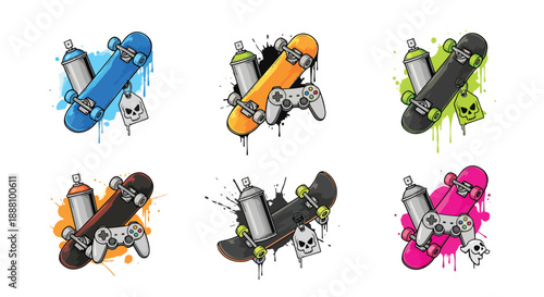 colorful skateboards with spray cans and video game controllers graffiti style icons