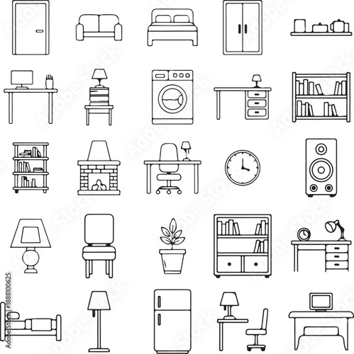 Thin Line Home Interior & Furniture Icon Set.
