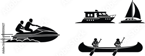 Black silhouette set of water transport icons including a jet ski with riders, luxury motor yacht, sailing boat, and people paddling a row boat.