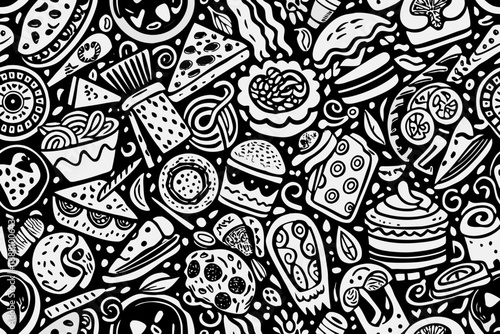 Black and white doodle food seamless pattern with pizza burgers and desserts