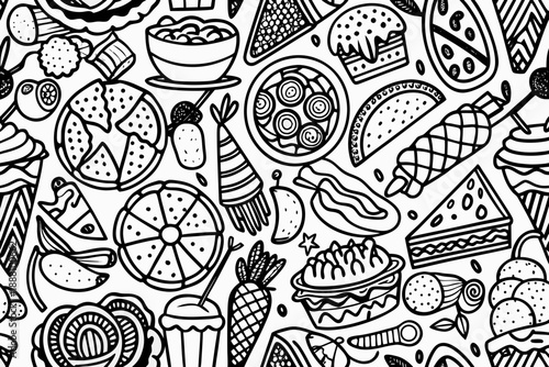 Black and white doodle food seamless pattern with desserts fruits and dishes
