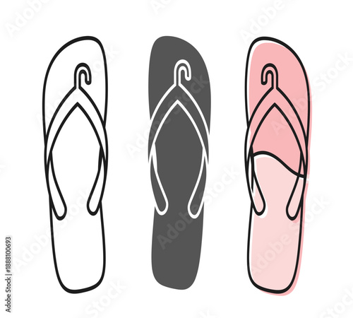 Three different styles of flip flops are displayed showing variations in color and design