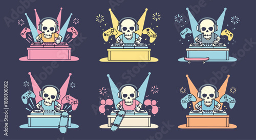 Colorful skulls wearing headphones and celebrating while gaming on computers  fun illustration set