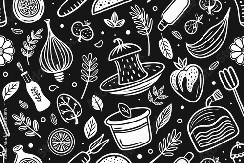 Black background with white food doodles seamless pattern white doodles food seamless pattern kitchen utensils