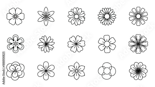 Minimalist Black Flower Icons Set. Simple Line Art Vector Illustration Collection for Design.