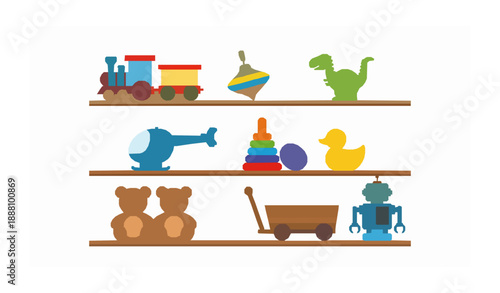 Colorful children toys on shelves flat vector illustration for nursery and playroom