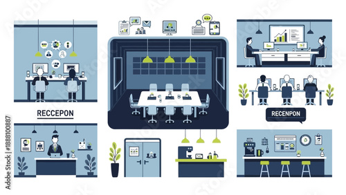 Modern office spaces with coworkers and meeting rooms