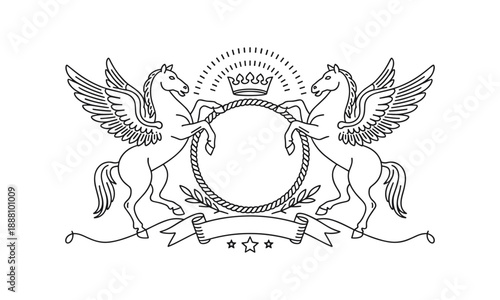 Heraldic crest design featuring two rearing winged horses supporting a circular frame and a crown emblem
