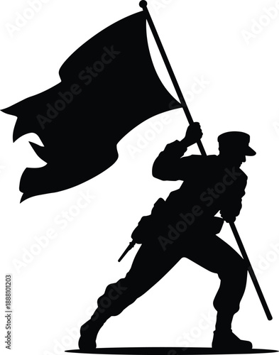 Silhouette of soldier carrying flag in dynamic action pose, symbol of victory patriotism courage, military leadership freedom isolated background