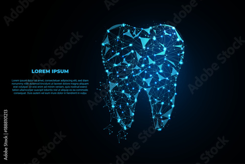 A high‑tech polygonal mesh tooth illustration made of glowing blue nodes and lines on a dark background.