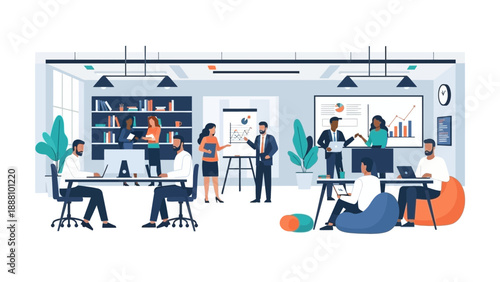 Modern office team collaborating and working together in a vibrant workspace