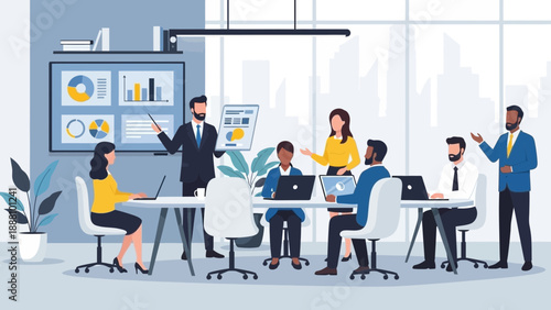 Diverse team collaborating in modern office with presentation