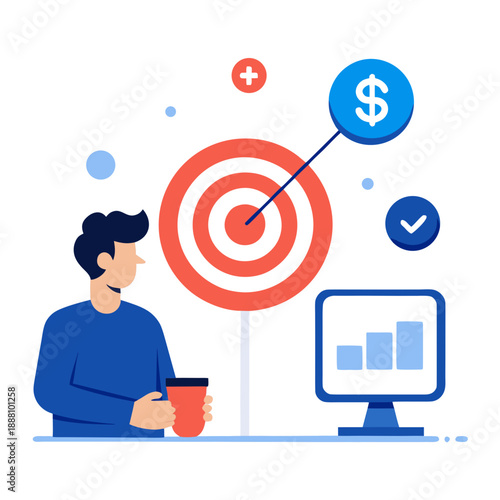 Businessman achieving financial goals with target and computer