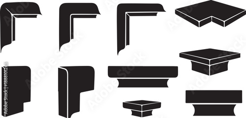 Collection of black 3D corner and edge molding profiles