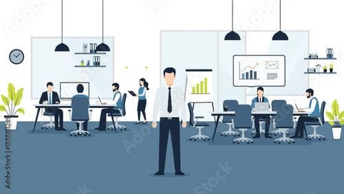 Confident businessman standing in modern office environment with coworkers