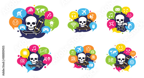 colorful skulls with skateboards and social media icons on white background