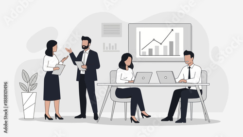 Business team collaborating on project with laptops and graph