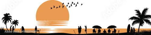 Tropical beach sunset silhouette with people palm trees birds and ocean reflection, peaceful summer vacation landscape concept isolated background