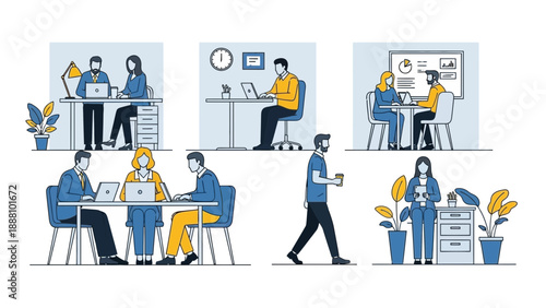 Modern office workers collaborating and working on laptops