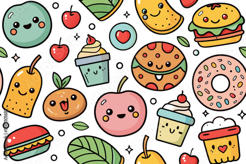 Cute food doodle seamless pattern with smiling fruits and desserts on white