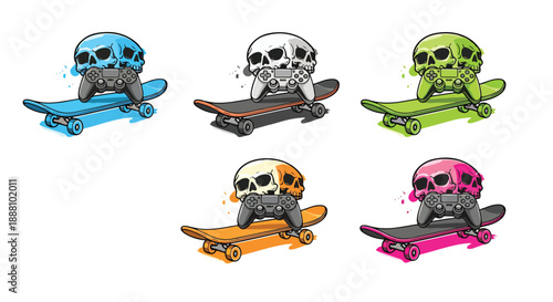 colorful skulls with video game controllers on skateboards