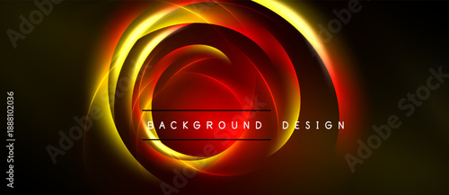 Abstract swirling lights create dynamic circular form. Red, orange, yellow hues dominate dark background. Text reads background design.