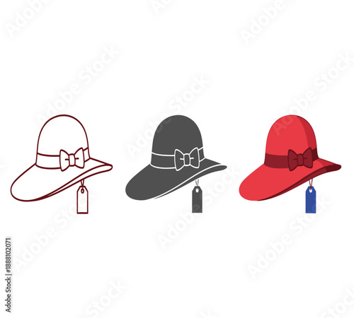 Three variations of a wide brimmed hat with a bow shown in different colors and styles