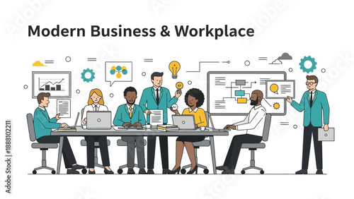 Diverse team collaborating in modern office space with laptops and ideas